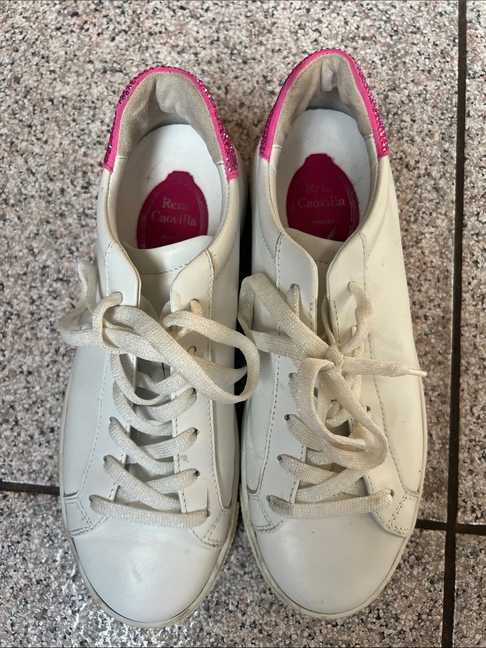 Rene Caovilla White Leather Sneakers with Pink Heel Trim